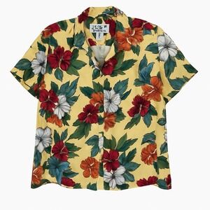 VTG. Reyn Spooner Hawaiian shirt mens L Rayon Made In Hawaii Yellow Hibiscus 80s
